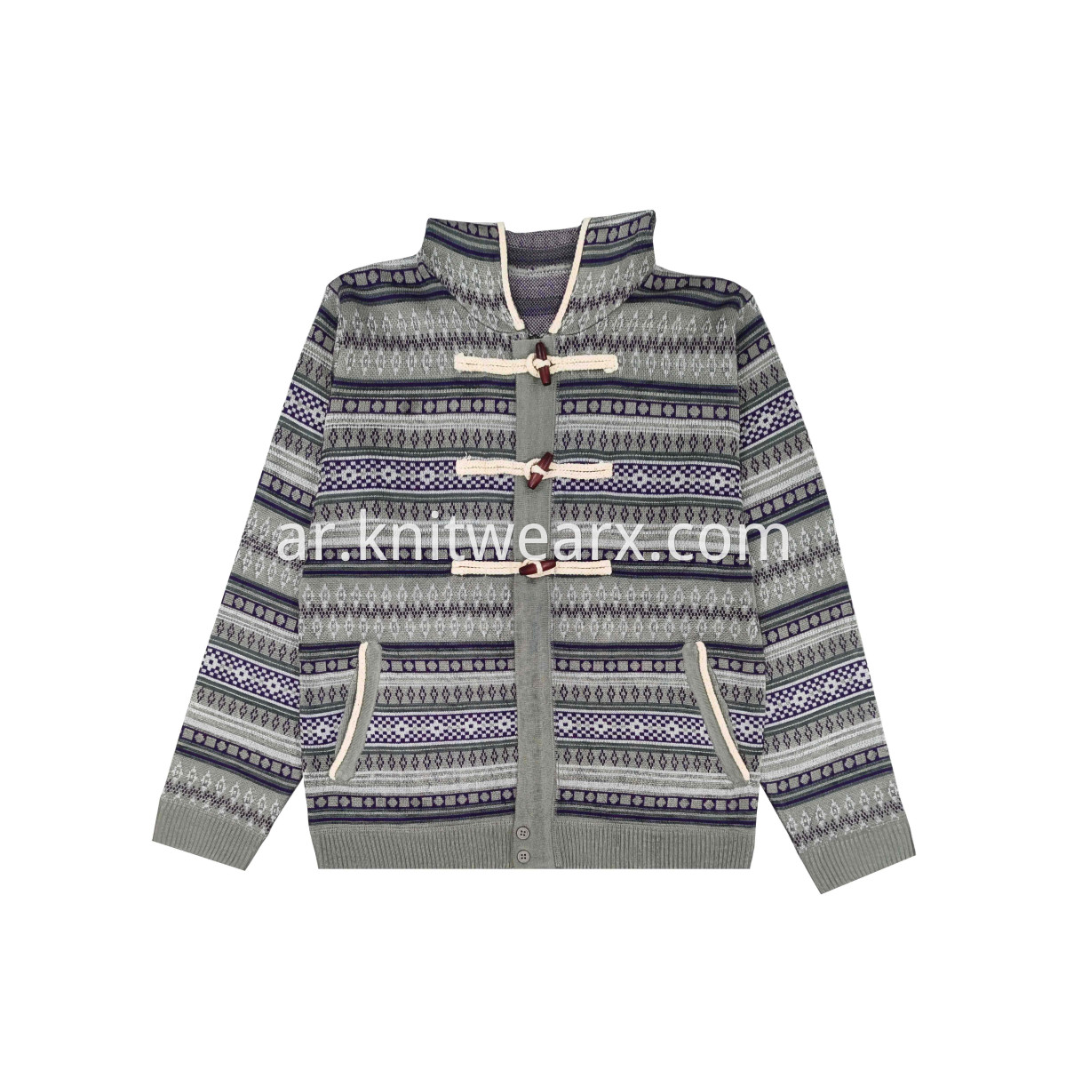 Men's Knitted Sweater Geometric Jacquard Full Zip Olive Button Hoodie